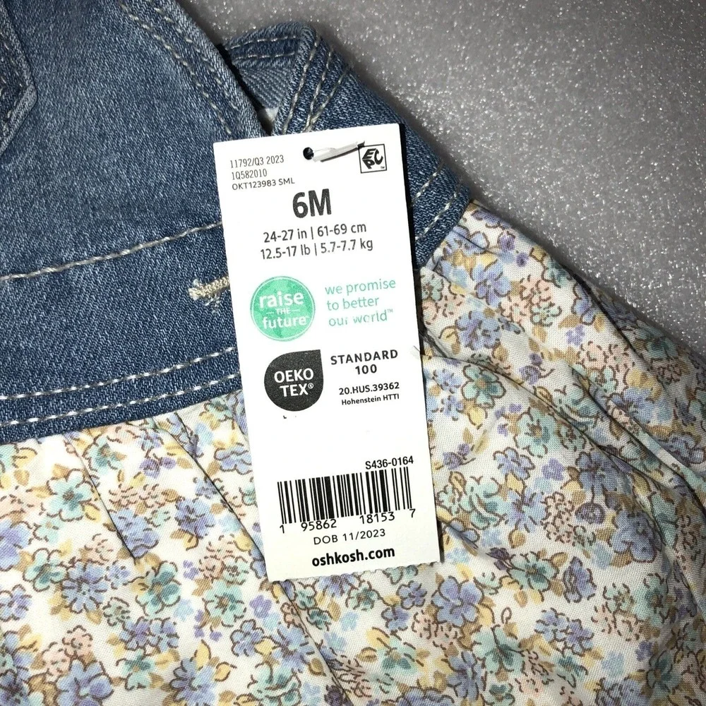 Oshkosh Baby Girl Floral Print Denim Jumper Overall Dress Size 6‎ Months NEW